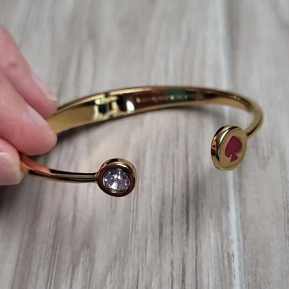 Kate Spade New York Gold Open Cuff Bracelet Pink & Clear Stone Hinged Bangle - Picture 2 of 6